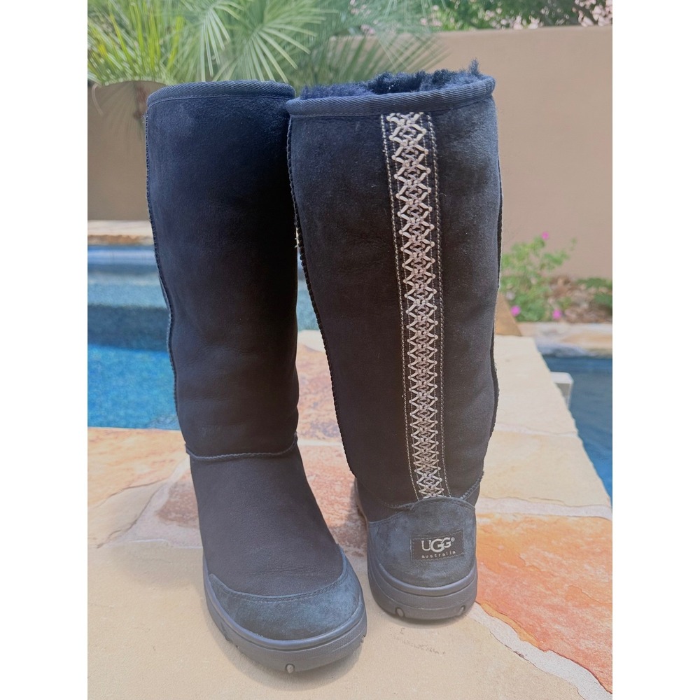 UGG Ultimate Tall Tasman Braid Women's 10 Black Sheepskin Suede Boots